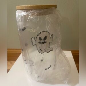 Halloween Glass Tumbler 16 Ounce With Glass Straw And Brush  NIB